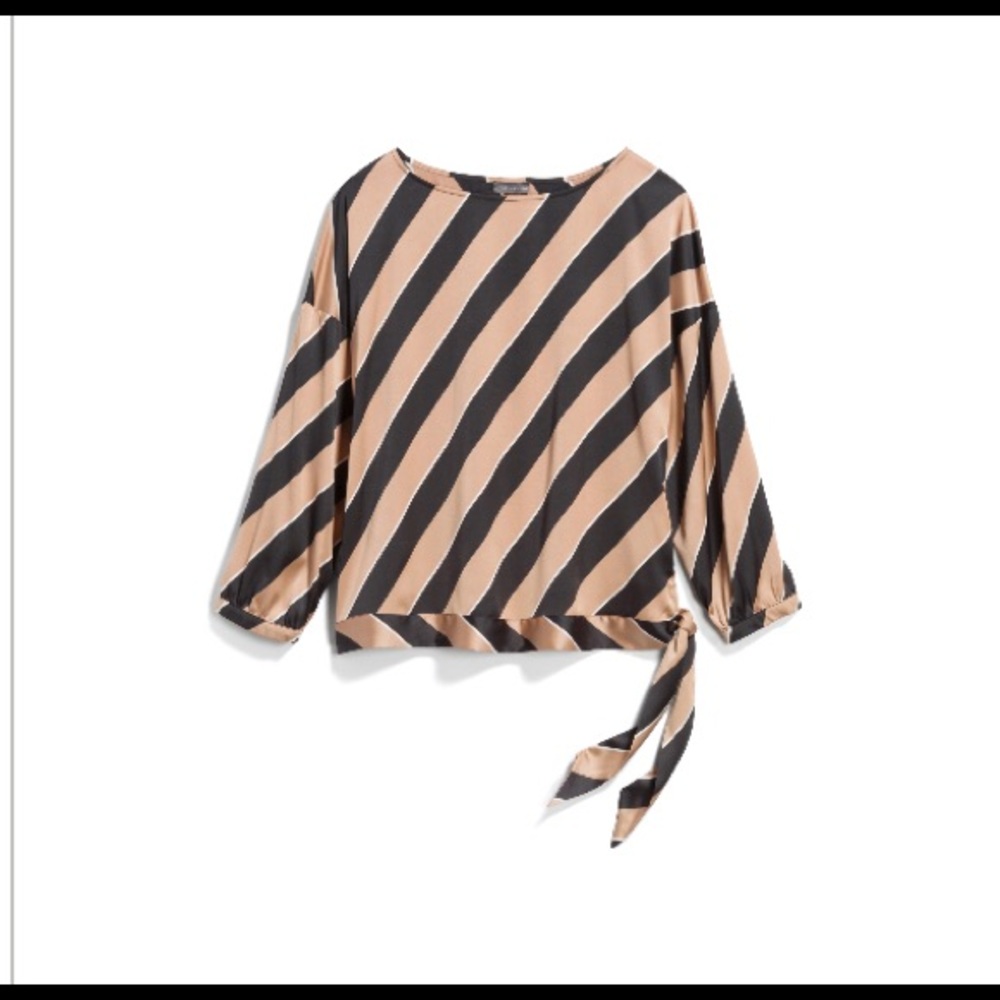 NWT tie waist blouse black w/brown & white stripes